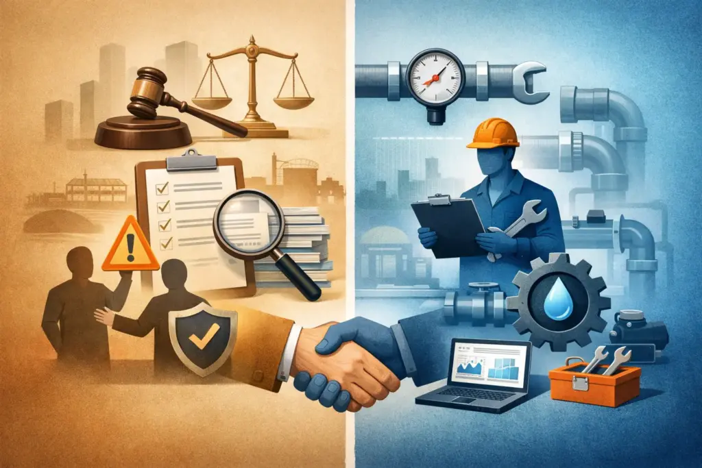 Grafische Darstellung der Betreiberpflichten in Wassersystemen mit Gegenüberstellung von rechtlicher Verantwortung und technischer Betriebsverantwortung.