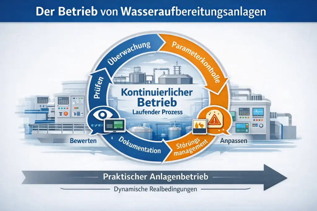 Schematische Darstellung des kontinuierlichen Betriebs einer Wasseraufbereitungsanlage mit Überwachung, Parameterkontrolle, Dokumentation und Störungsmanagement unter realen Betriebsbedingungen.