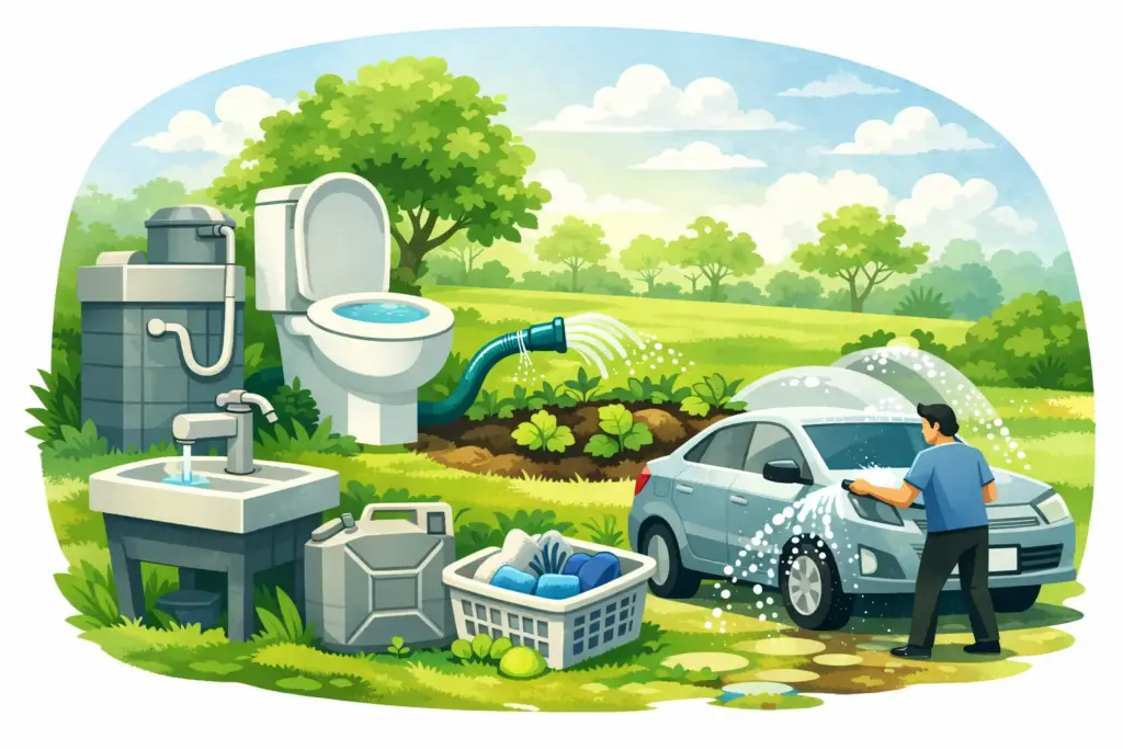 Illustration zur Nutzung von Brauchwasser für Toilettenspülung, Gartenbewässerung und Fahrzeugreinigung in einer haushaltsnahen Umgebung.