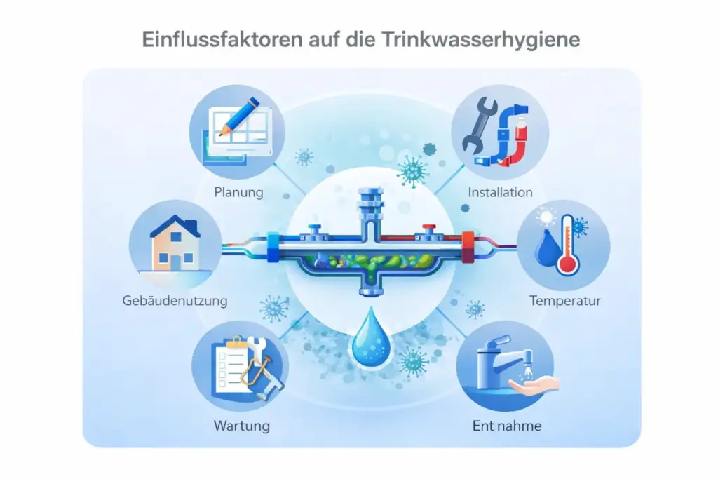Schematische Darstellung hygienerelevanter Einflussfaktoren in Trinkwasserinstallationen wie Planung, Installation, Temperatur, Nutzung und Wartung