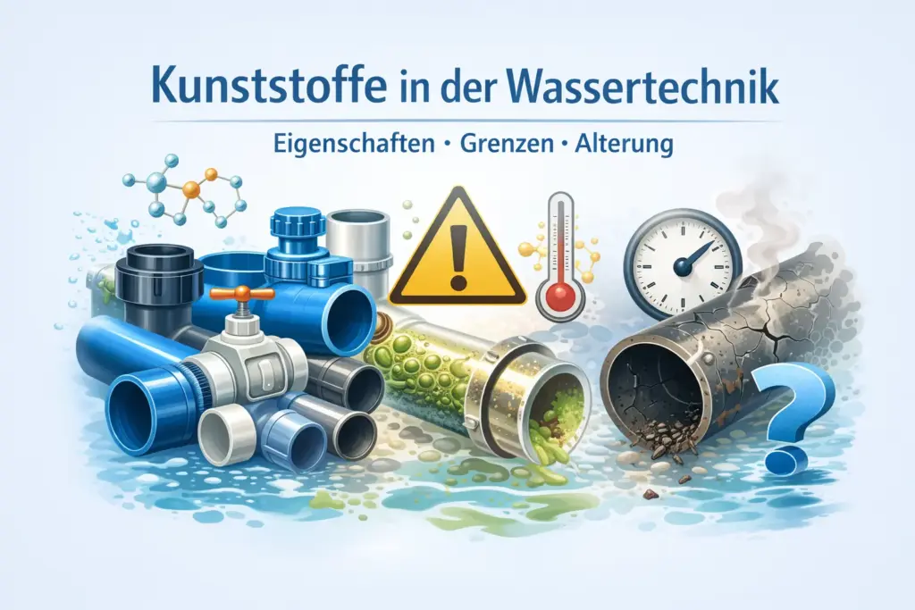 Darstellung von Kunststoffbauteilen in der Wassertechnik mit Fokus auf Eigenschaften, Alterung und Wechselwirkungen mit Wasser.
