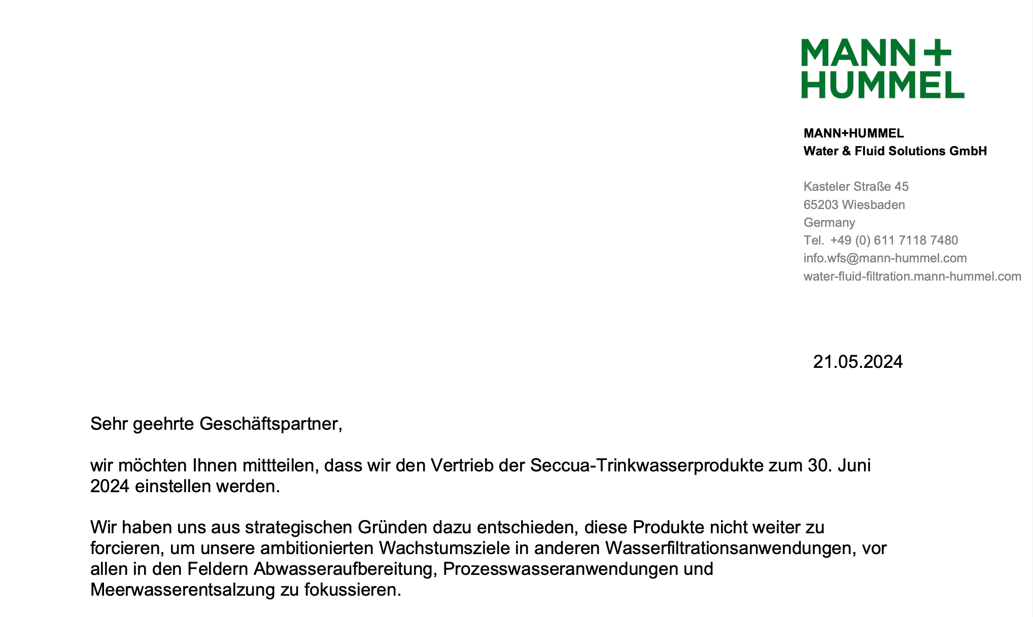 Auszug: Mitteilung zur Einstellung des SECCUA-Geschäftsbetriebs