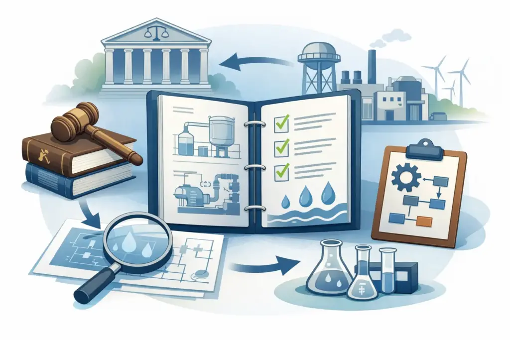 Illustration zur Einordnung von Normen und Regelwerken in der Wassertechnik mit schematischen Darstellungen von Technik, Recht und Betrieb.