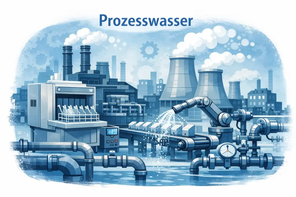Industrielle Anlage mit Rohrleitungen, Messinstrumenten und wasserführenden Prozessen zur Darstellung von Prozesswasser in technischen Anwendungen.