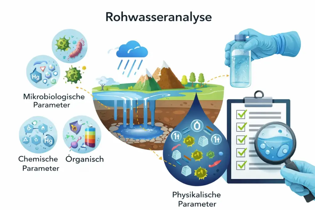 Schematische Darstellung der Rohwasseranalyse mit mikrobiologischen, chemischen, organischen und physikalischen Parametern sowie Probenahme