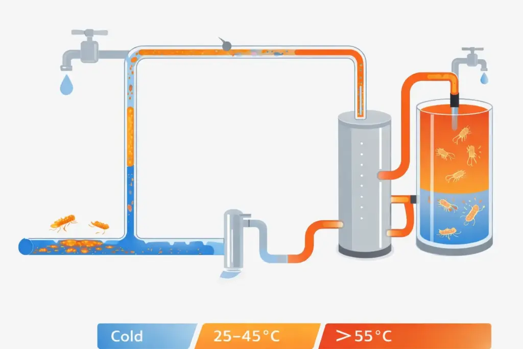 Schematische Darstellung einer Trinkwasserinstallation mit Biofilm an Rohrinnenflächen, Temperaturzonen und typischen Bereichen, in denen Legionellen systembedingt auftreten können.