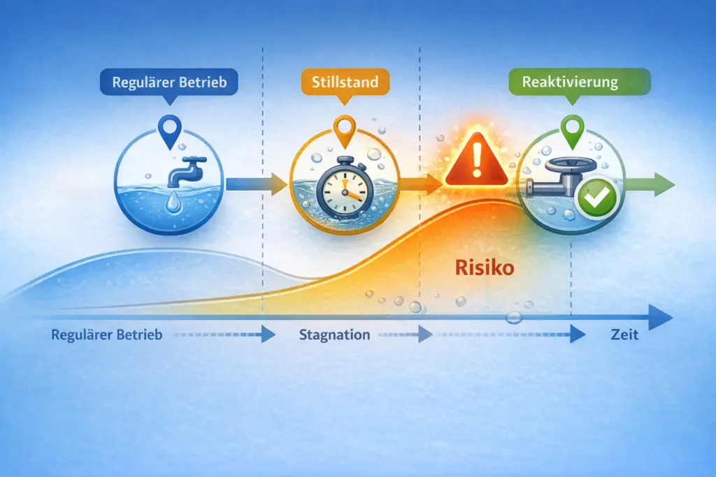 Schematische Darstellung der Zustände regulärer Betrieb, Stagnation, Stillstand und Wiederinbetriebnahme in einem Wassersystem mit zeitlichem Verlauf und ansteigendem Risikoniveau.