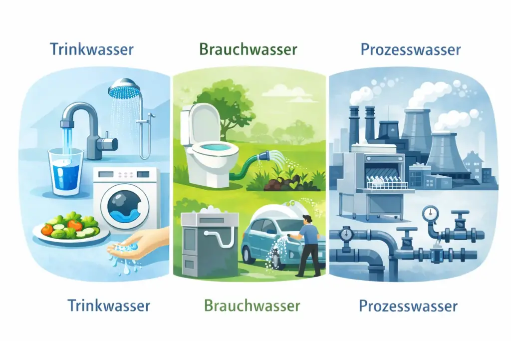 Schematische Darstellung der Nutzung von Trinkwasser, Brauchwasser und Prozesswasser anhand typischer Anwendungsbeispiele.