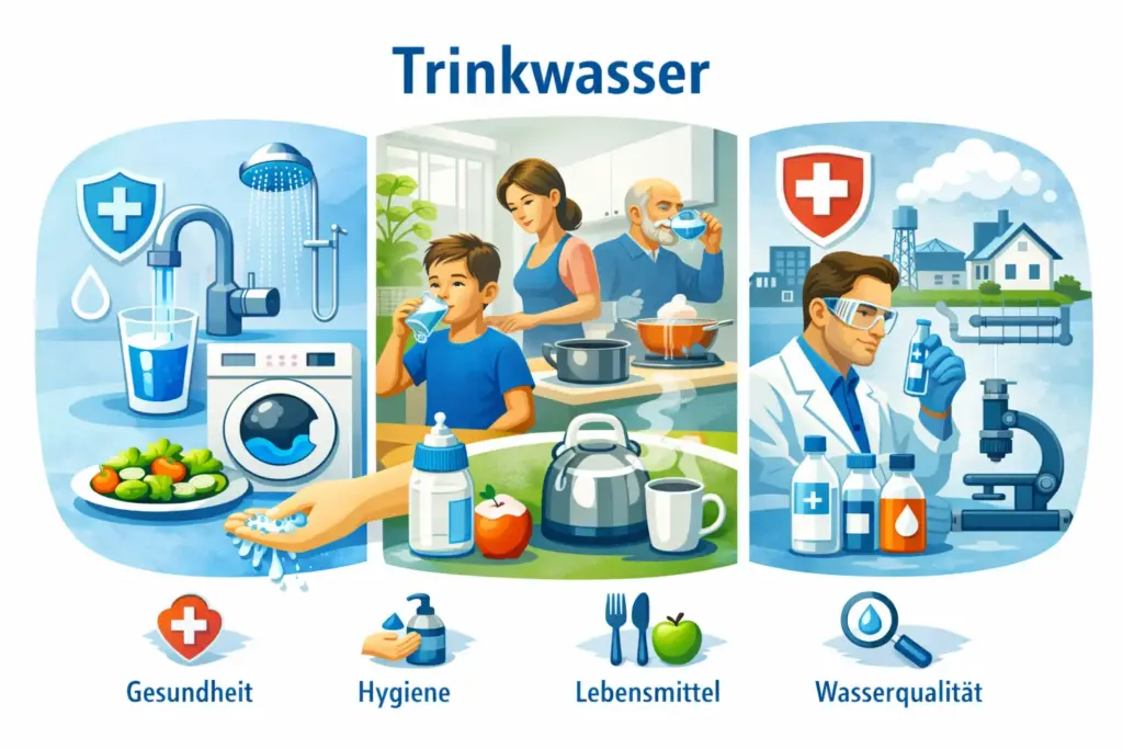 Grafische Darstellung von Trinkwasser im häuslichen und technischen Kontext mit Nutzung für Trinken, Hygiene und Lebensmittelzubereitung.