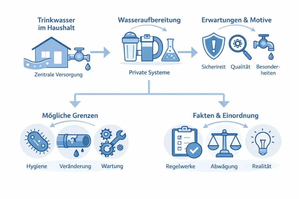Schematische Darstellung der Trinkwasseraufbereitung im Haushalt mit Abgrenzung zur zentralen Trinkwasserversorgung sowie Hinweisen zu Motiven, Grenzen und Einordnung.