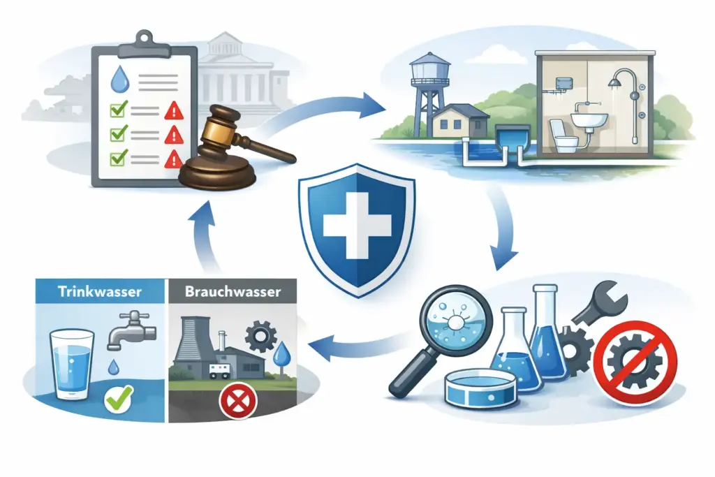 Schematische Darstellung der Trinkwasserverordnung als rechtlicher Rahmen zum Schutz der Gesundheit, mit Abgrenzung von Trinkwasser, Nicht-Trinkwasser, Überwachung und technischer Umsetzung.