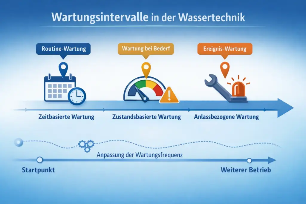 Zeitstrahl zur Einordnung von Wartungsintervallen in der Wassertechnik mit zeitbasierter, zustandsbasierter und anlassbezogener Wartung über den Lebenszyklus einer Anlage.