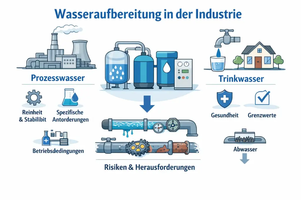 Industrielle Wasseraufbereitung mit Abgrenzung zu Trinkwasser und Darstellung typischer technischer Risiken