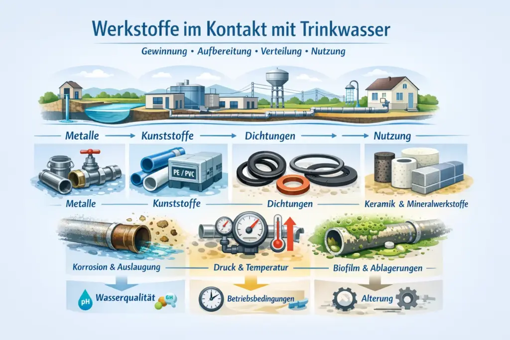 Schematische Darstellung von Werkstoffen im Kontakt mit Trinkwasser entlang der Wasserstrecke von Gewinnung über Aufbereitung und Verteilung bis zur Nutzung sowie deren Wechselwirkungen mit Wasser.