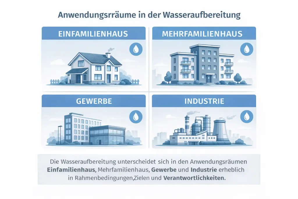 Infografik mit vier Anwendungsräumen der Wasseraufbereitung: Einfamilienhaus, Mehrfamilienhaus, Gewerbe und Industrie, jeweils als eigener Nutzungskontext dargestellt.