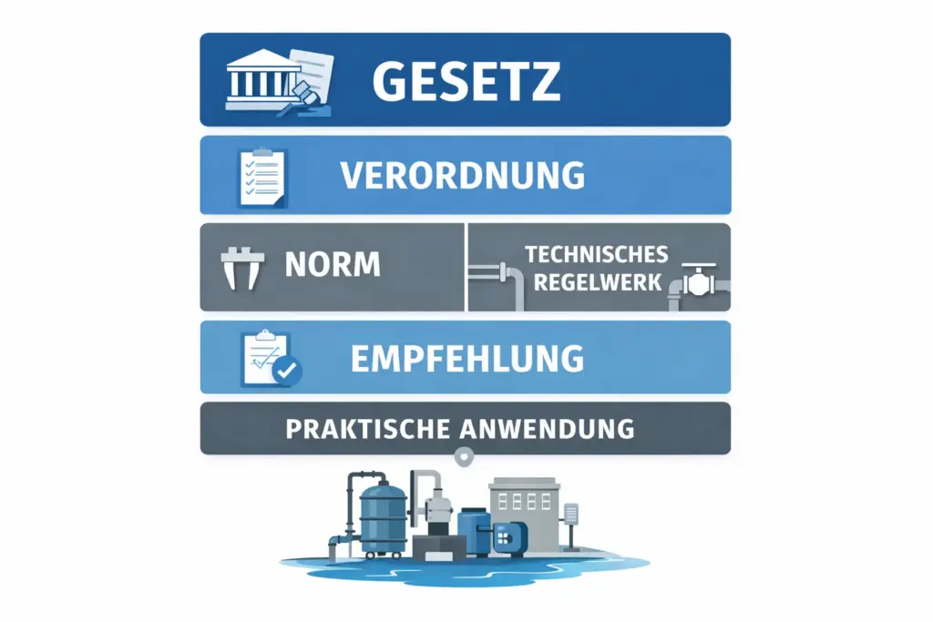 Schematische Hierarchie aus Gesetz, Verordnung, Norm, technischem Regelwerk und Empfehlung mit Bezug zur praktischen Anwendung in der Wassertechnik.