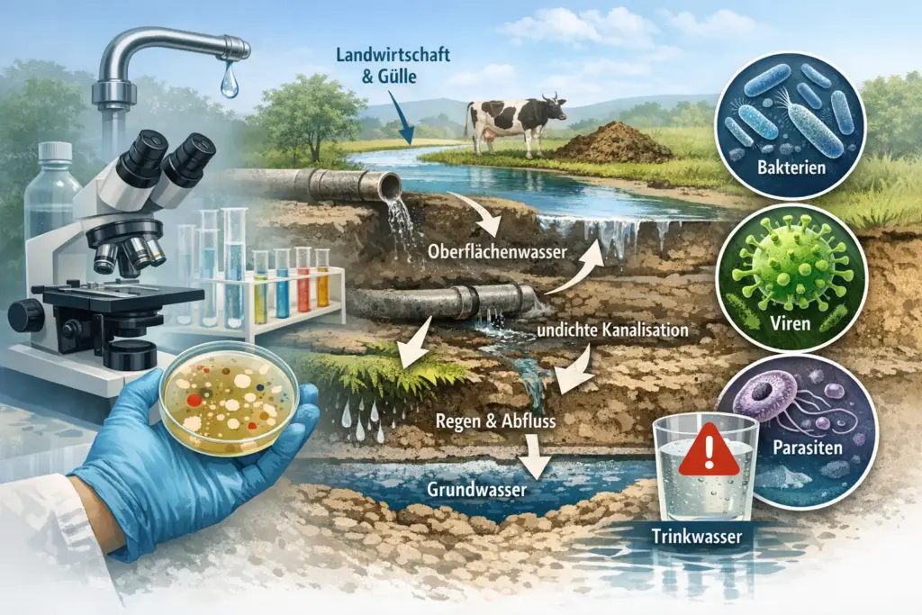 Neutrale Illustration zur hygienischen Einordnung mikrobiologischer Belastungen im Trinkwasser