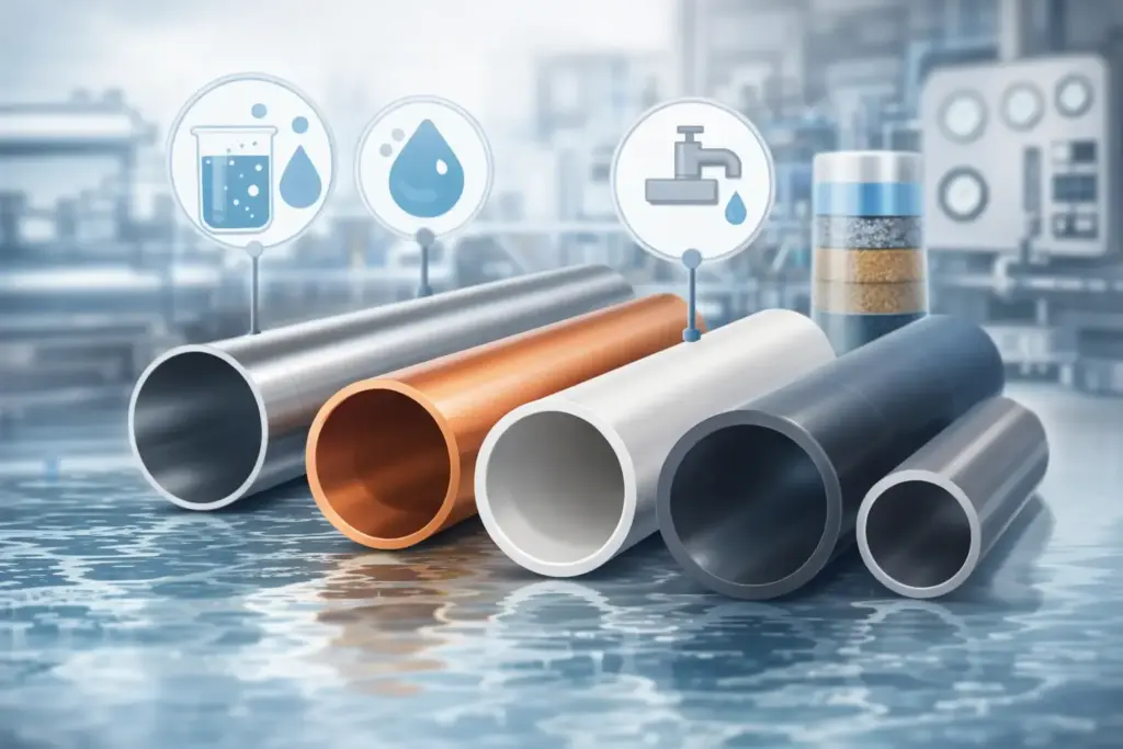 Mehrere unterschiedlich dargestellte Rohr- und Leitungsabschnitte in einem Wassersystem als sachliche Visualisierung der Materialwahl im Zusammenhang mit Wasserbeschaffenheit, Nutzung und Betrieb.