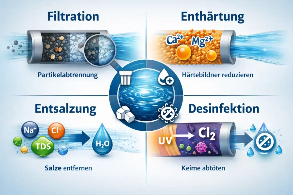Infografik zur Wasseraufbereitung mit den vier Begriffen Filtration, Enthärtung, Entsalzung und Desinfektion sowie ihrer jeweiligen Zielsetzung.
