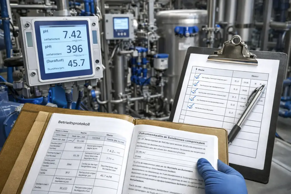 Monitoring, Kontrolle und Dokumentation in einer Wassertechnik-Anlage mit Messwertanzeige, Checklisten und Betriebsprotokollen