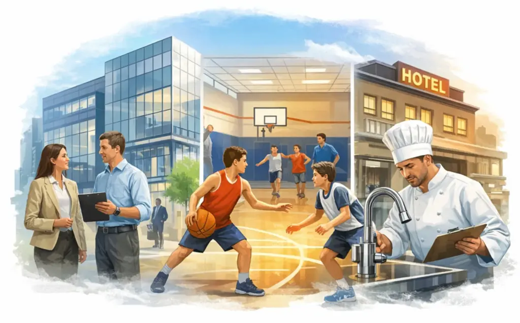 Neutrale Illustration zu Wasseraufbereitung in gewerblichen und öffentlichen Gebäuden mit Bürogebäude, Sportstätte und gastronomischer Nutzung