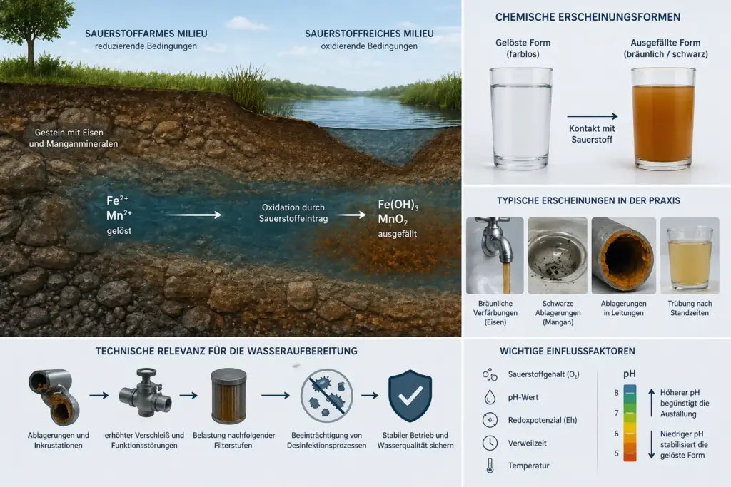 Geochemische Darstellung von Eisen und Mangan im Rohwasser mit Oxidation und Ausfällung