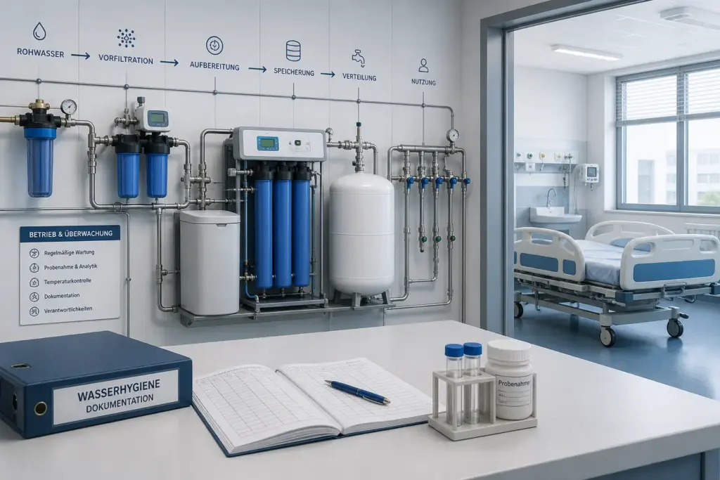 Technische Darstellung einer Wasserinstallation mit Aufbereitung in einer sensiblen Einrichtung